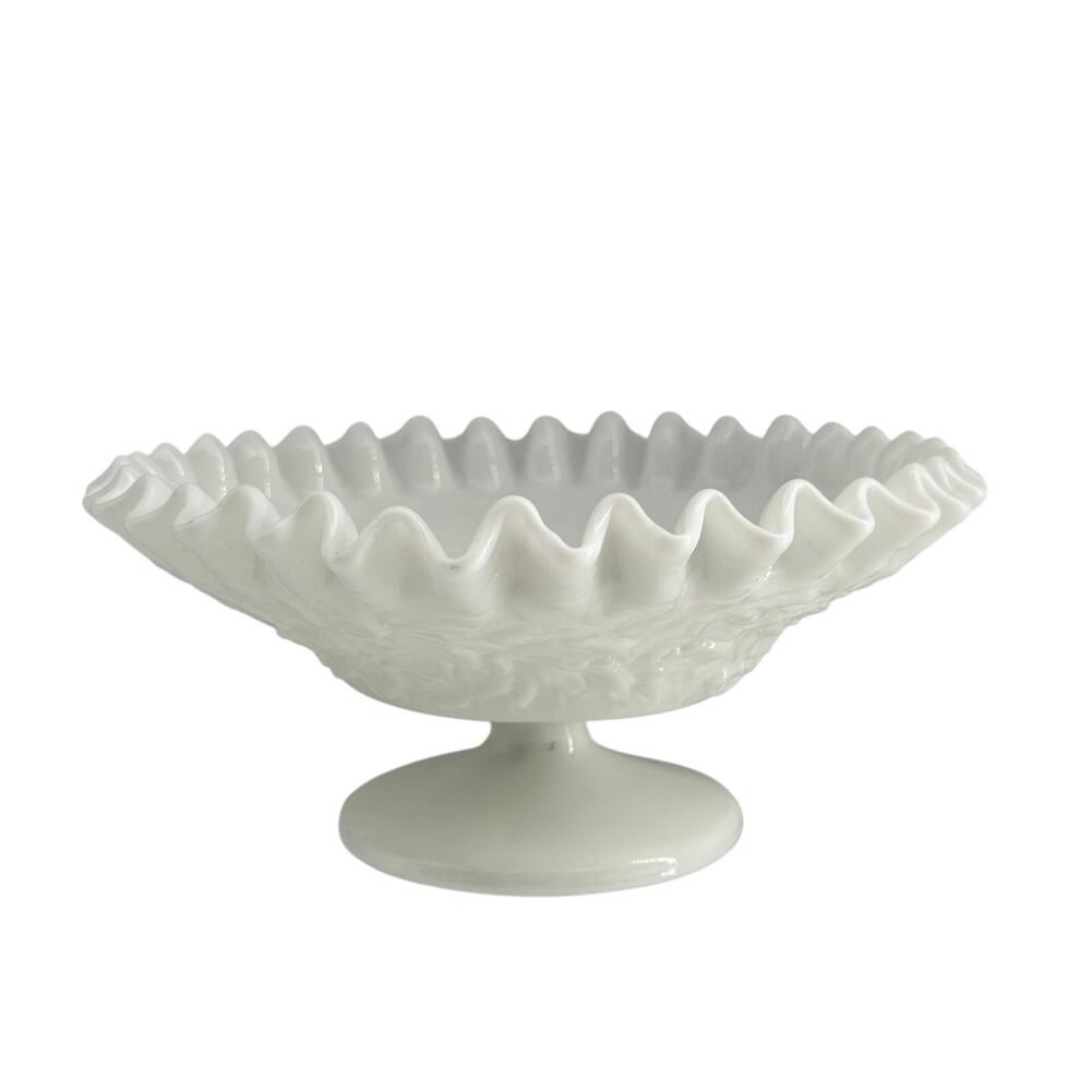 Vintage White Milk Glass Style Compote Bowl Ruffled Pedestal Dish